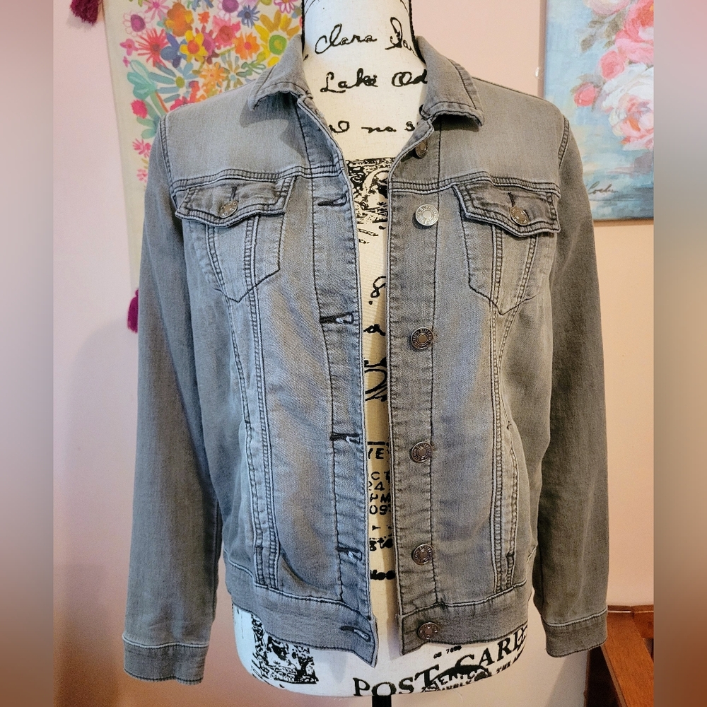 Buffalo David Bitton Light Gray Stretch Denim Knit Jacket, Pockets, EUC, S - Picture 4 of 16